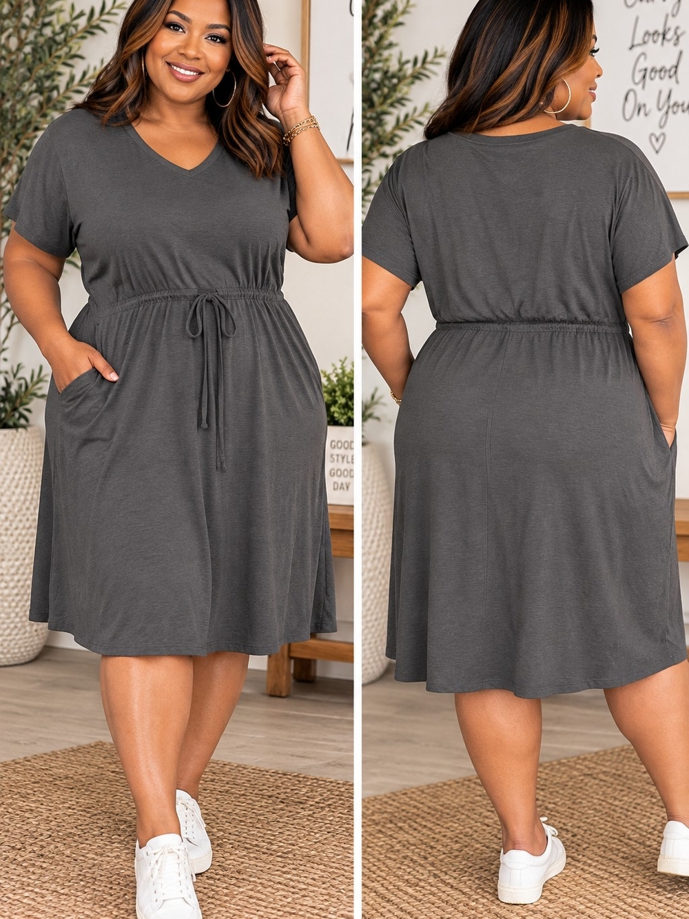 V-Neck Tie-Waist Casual Dress - Charcoal